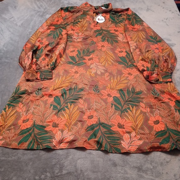 ODDY Dresses & Skirts - Oddy Curvy Floral HIgh Neck Knotted Collar Mini Dress Plus Size 1X Long Sleeves